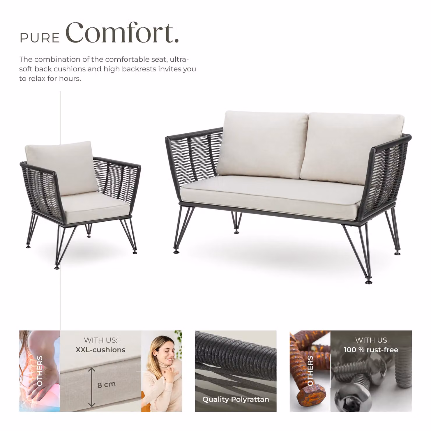 tectake Sundo L-Shape Garden Furniture Set in Grey with Upholstered Cushions for 4 Adults – 3
