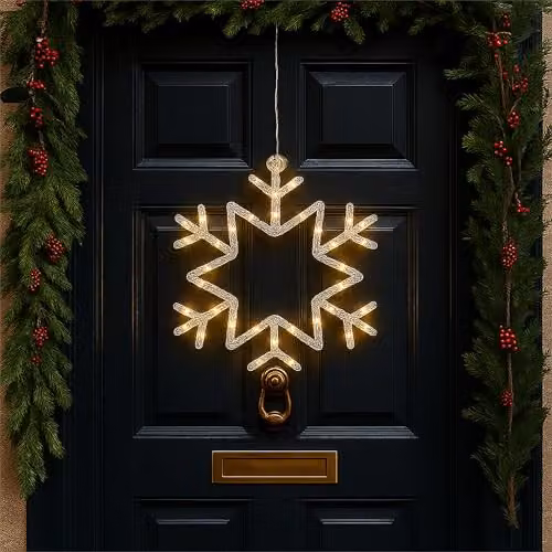 Xmas Haus Warm White LED Hanging Snowflake in Black, 25 cm