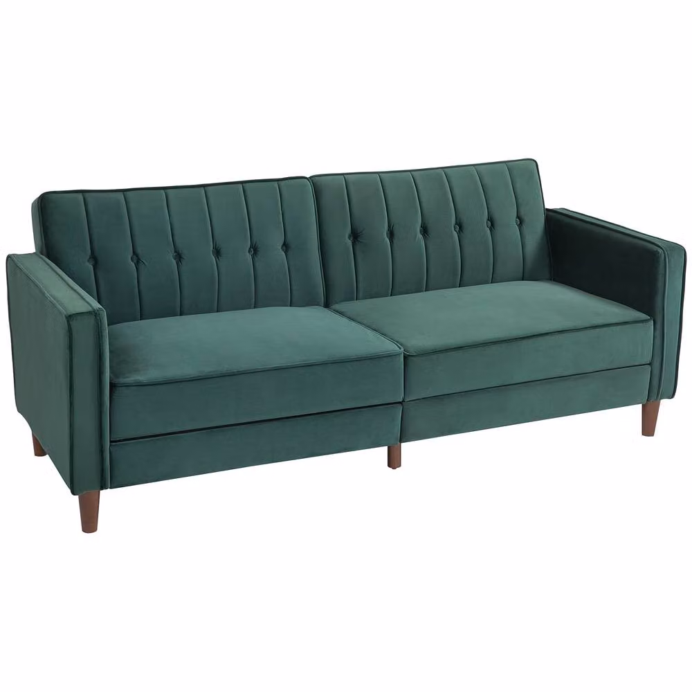 HOMCOM Reversible Velvet-Touch Convertible Futon Sofa Bed in Green – 2