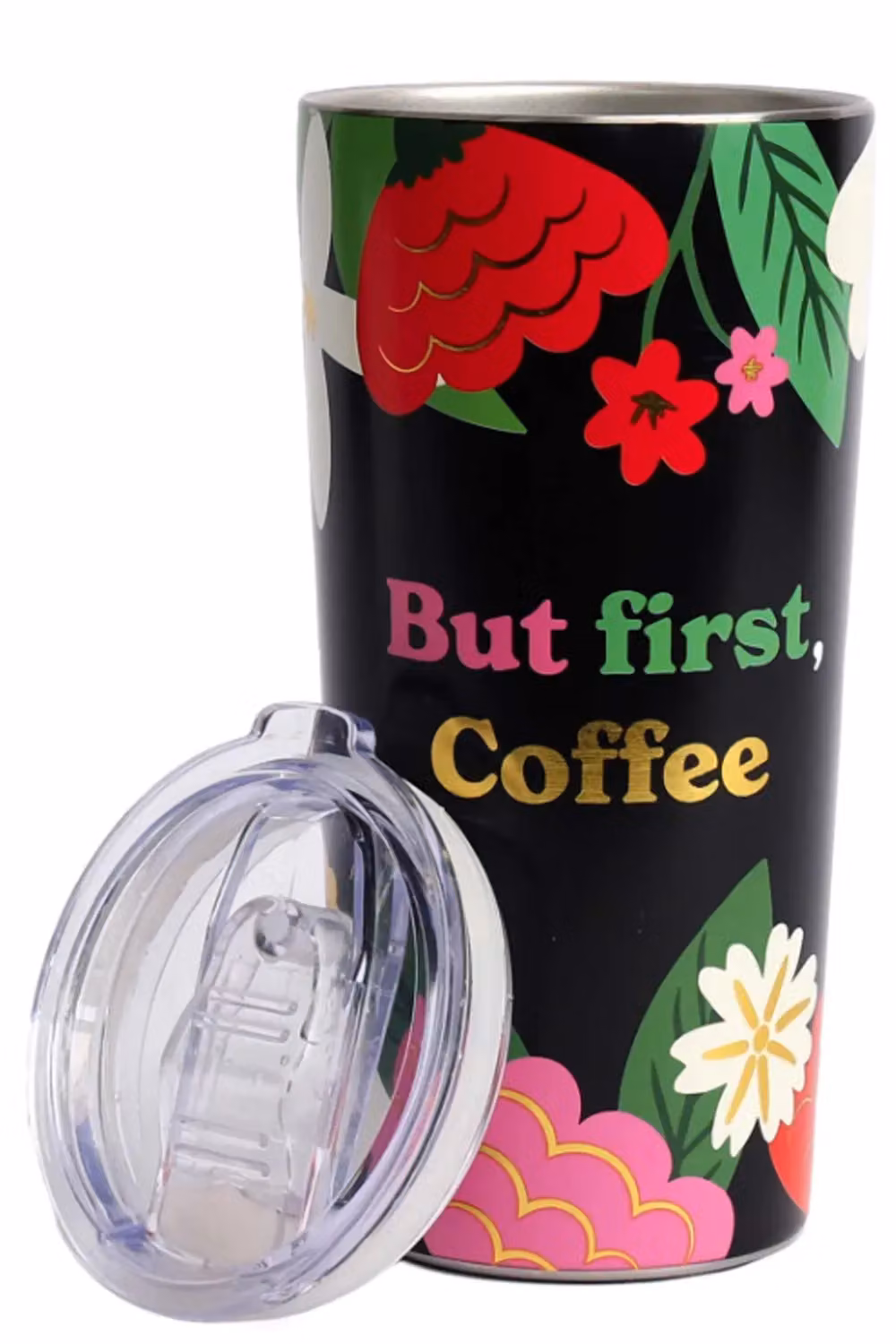 Tache Multicolour Floral Stainless Steel Travel Mug with Gold Accents and Transparent Lid – 2