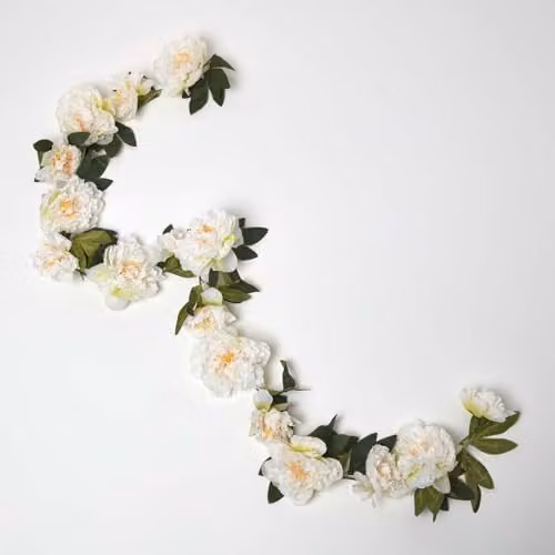 Homescapes White Artificial Peony Flower Garland with Foliage, 180 cm