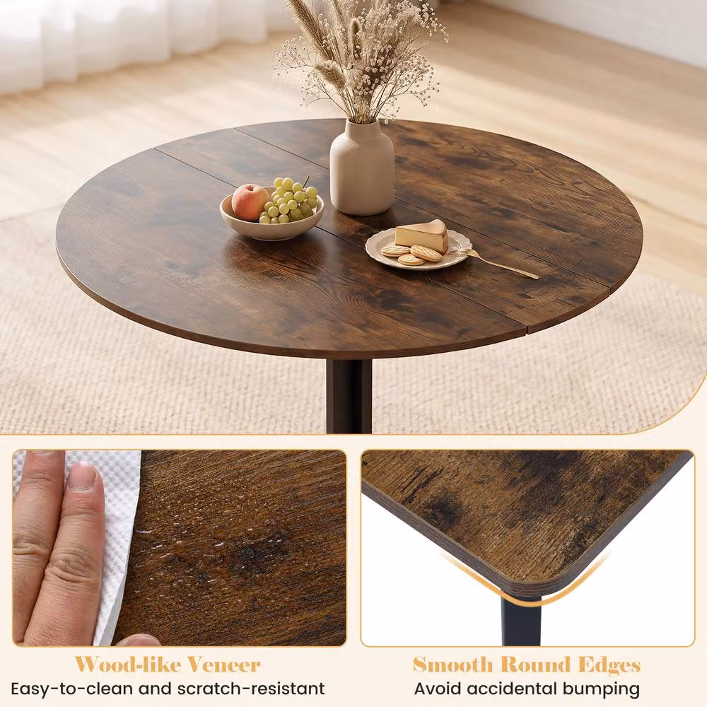 Costway 3-Piece Industrial Round Drop Leaf Dining Table Set in Brown – 4