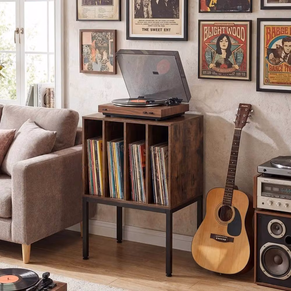 KORVIXA Turntable Stand with Vinyl Storage Shelves in Brown, W/D/H: 100 x 100 x 100 cm – 3