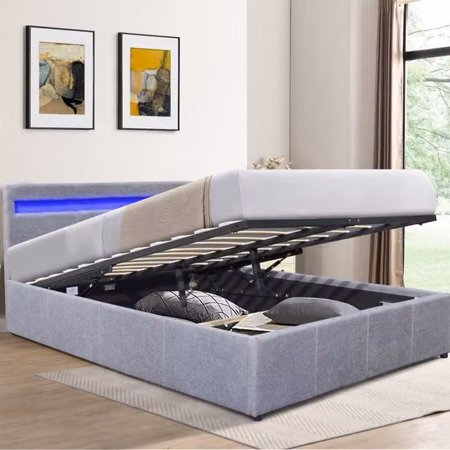 Comfy Living Modern Upholstered Gas Lift Ottoman Bed Frame with LED Under-bed Lighting, Grey, 120 x 200 cm