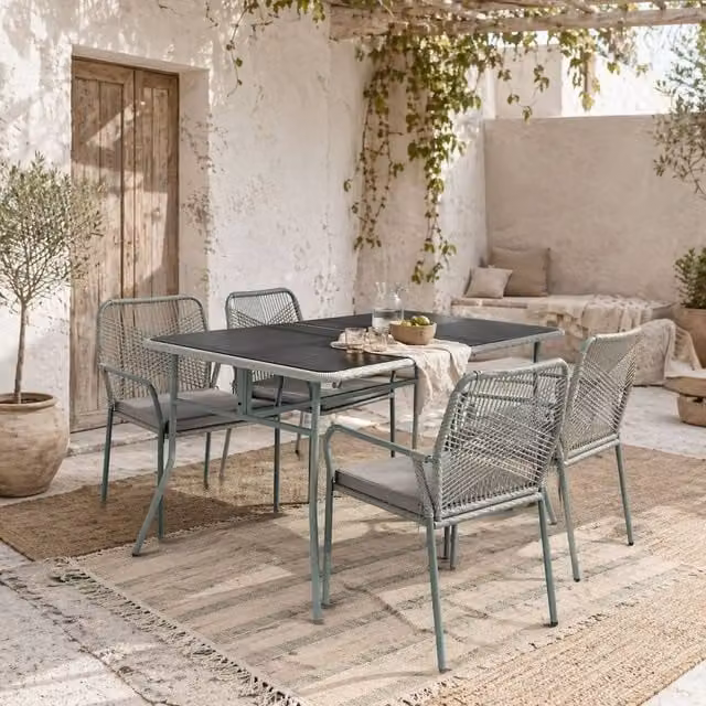 Wyld Haus Rolapa 4 Seater Outdoor Rattan Dining Set with Glass Table and Stackable Chairs in Light Grey – 1