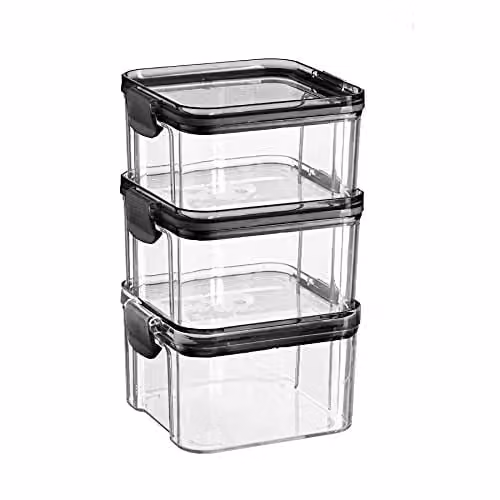 Argon Tableware Pack of 3 Black Airtight Food Storage Containers, 460ml, Leakproof and Stackable Plastic Meal Prep Containers with Clip Lids
