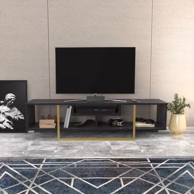 Decorotika Asal TV Unit in Black Marble Effect and Gold with Green Abstract Details, Width: 150 cm