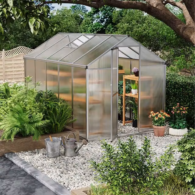 Livingandhome Modern Apex Greenhouse with Aluminium Frame and Polycarbonate Windows in Silver