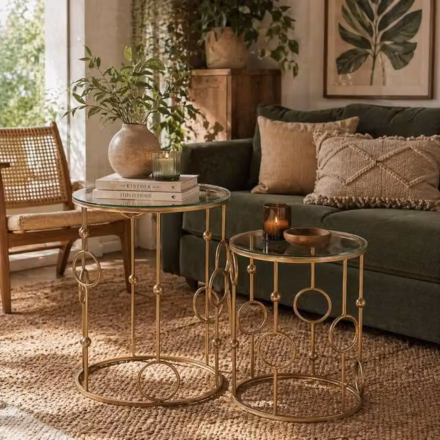 Wyld Haus Basu Gold Metal and Tempered Glass Round Nesting Tables Set of 2 – 1