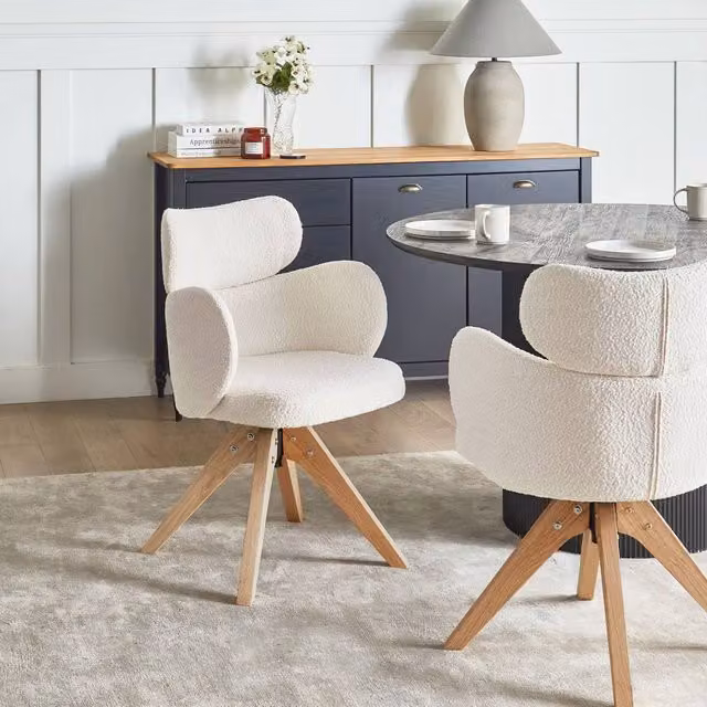 Wyld and Coco Nordic Swivel Dining Chair in Light Beige Bouclé with Oak Wood Base