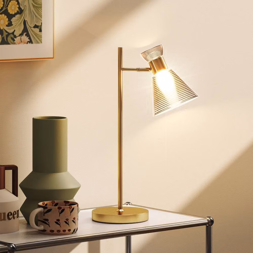 HOMCOM Modern Table Lamp with Adjustable Head and Amber Glass Shade in Gold/Brass – 4