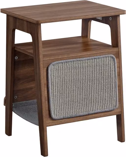 Yaheetech Pet-Friendly Sofa Side Table with Cat Bed and Scratching Board in Walnut