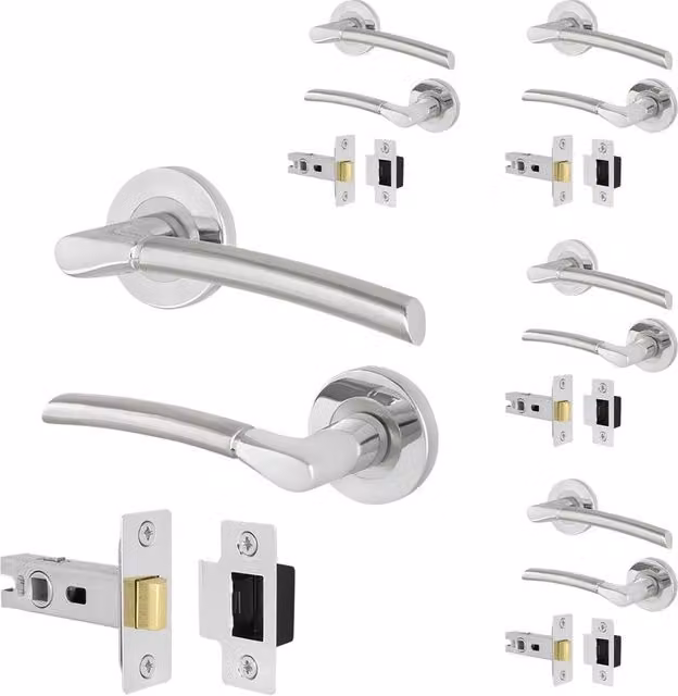 AFIT Chrome Door Handle Pack of 5, Satin Nickel Feature Lever in Silver, W/D/H: 15.0 x 15.0 x 6.6 cm