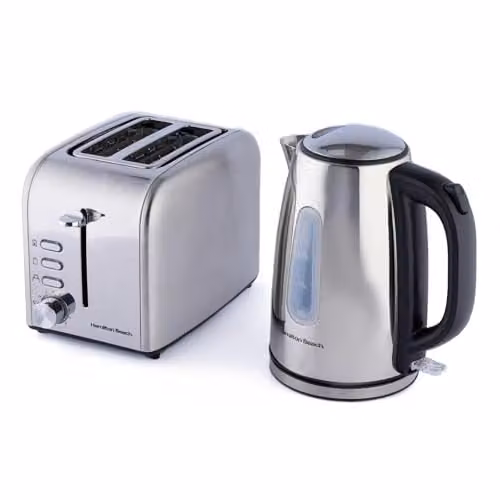 Hamilton Beach Kettle and 2-Slice Toaster Set in Polished Stainless Steel Silver, 1.7L Kettle with Rapid Boil and Boil Dry Protection, Toaster with 6 Browning Settings, Defrost, Reheat and Cancel Functions