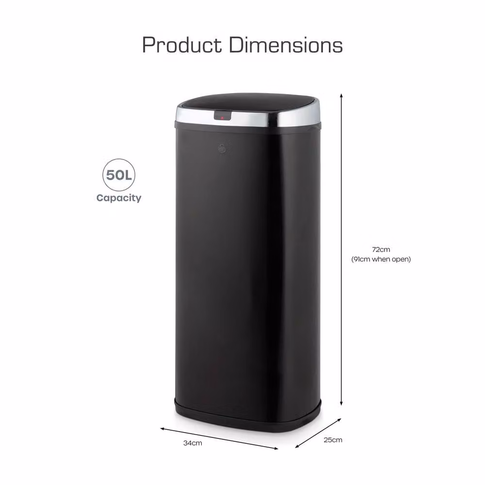 Swan 50L Square Sensor Bin in Black Coated Steel – 6