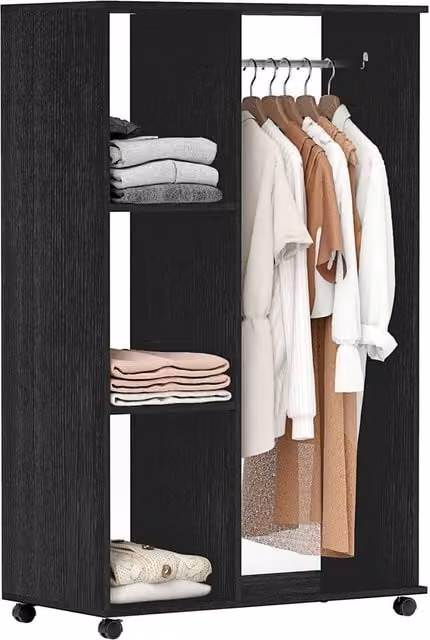 FORGEVIO Modern Black Wardrobe on Wheels with Clothes Rail and Shelves