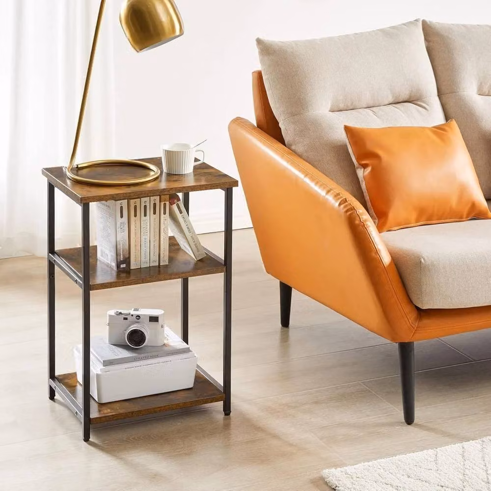 VOGREX Brown 3-Tier Industrial End Table with Steel Frame and Wood Finish – 3