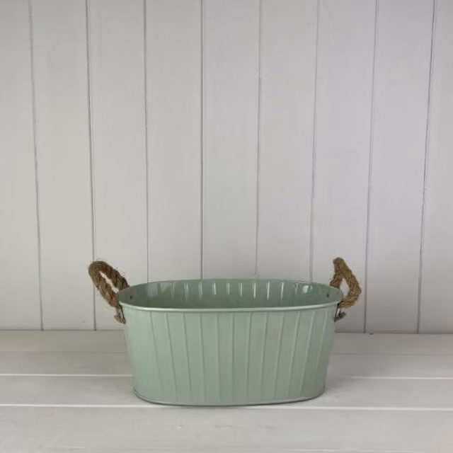 KDMD Sage Oval Tapered Trough Planter with Rope Handles and Drainage in Pale Green