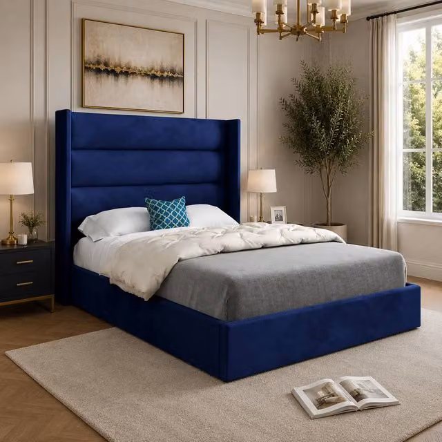 Casani Ramsey Straight Winged Upholstered Designer Bed Frame in Blue Soft Velvet, W/D/H: 200 x 189 x 137 cm