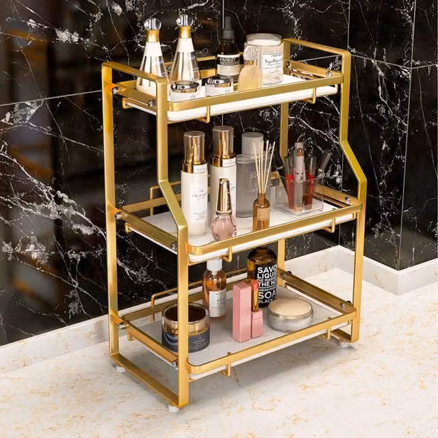 Livingandhome Freestanding Kitchen and Bathroom Storage Organiser Rack with Shelf, Gold, Height: 45 cm