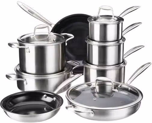 Cooks Professional 8 Piece Tri-Ply Cookware Set in Silver, including Saucepans, Frying Pans, Wok with Lid, Saute Pan and Stockpot – 1