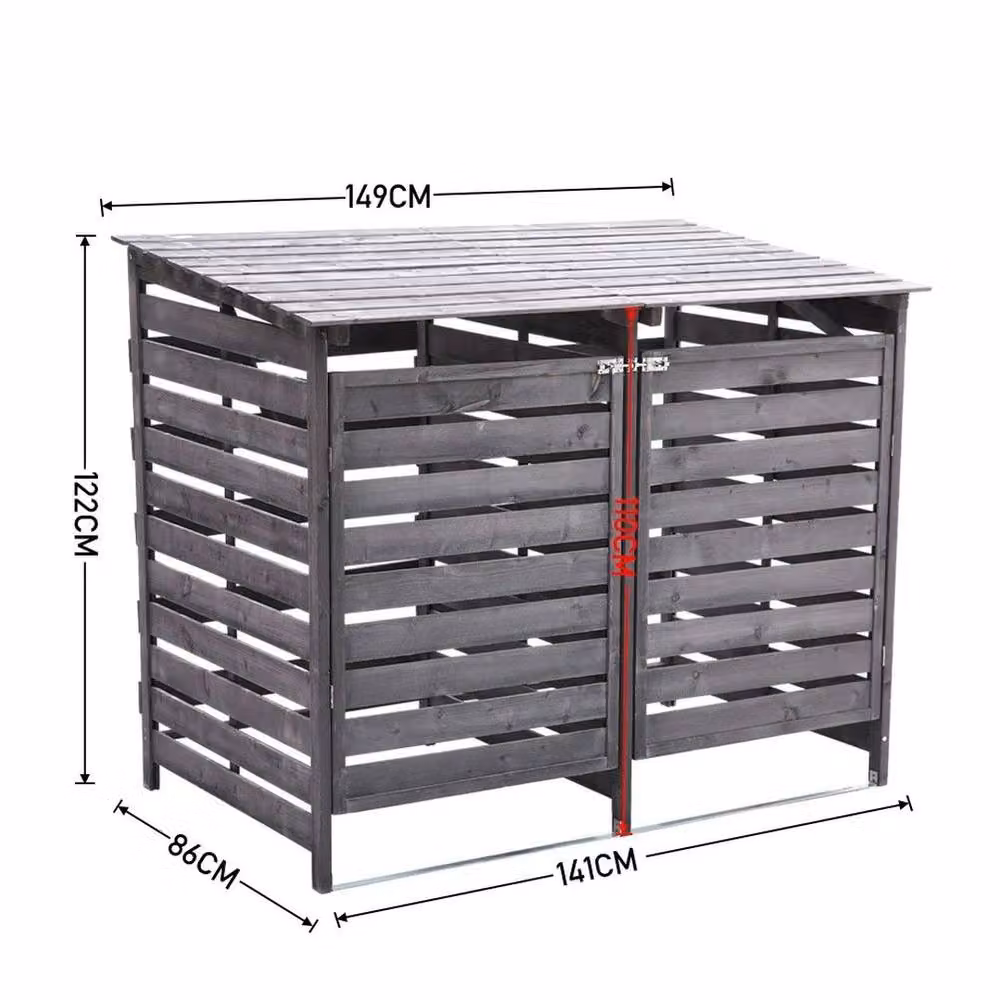 EONLION Grey Wooden Double Wheelie Bin Store Shed, W/D/H: 122 x 100 x 86 cm – 2