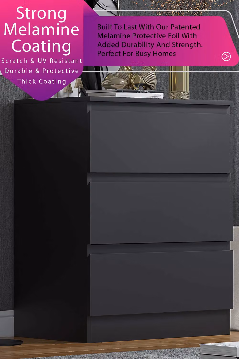 FWStyle Stora 3 Drawer Black Chest Of Drawers H 77 x W 60 x D 40 cm – 2