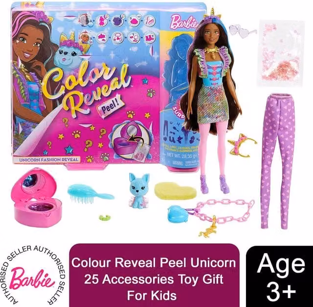 Mattel Barbie Colour Reveal Peel Doll Playset with Unicorn Accessories, Multicolour