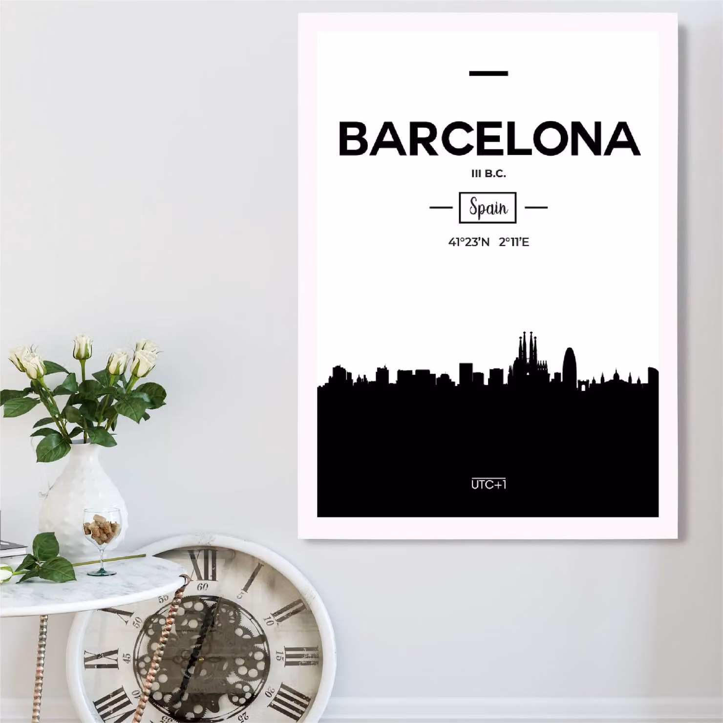ARTZE Barcelona Black and White City Skyline Framed Paper Poster with White Frame, Size: A2 – 2