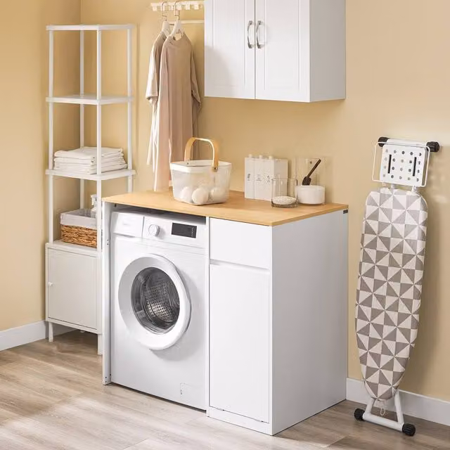 SoBuy Modern White Freestanding Washing Machine Cabinet with Internal Drawers and Hinged Doors