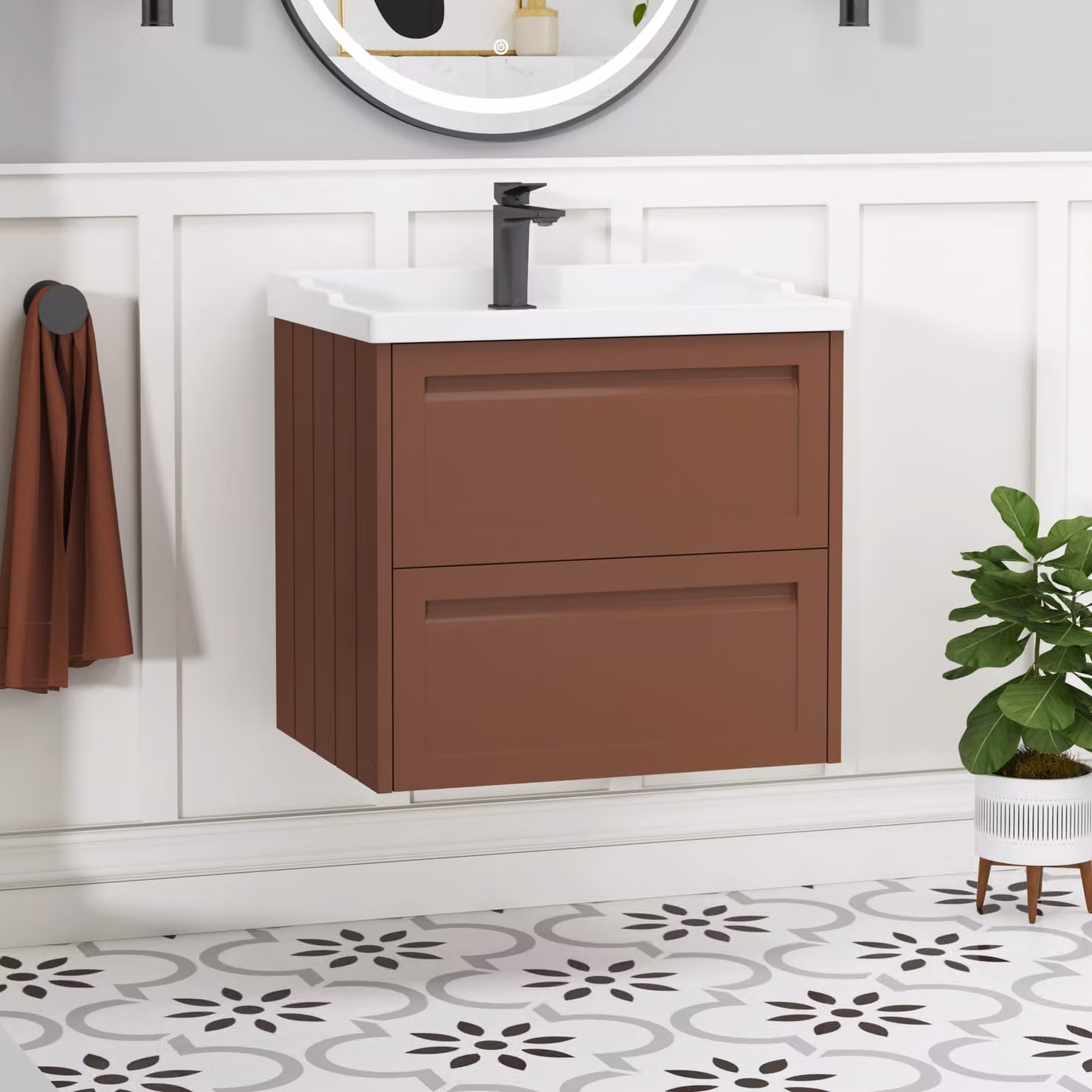 Royal Bathrooms Elmore Traditional Wall Hung 2 Drawer Vanity Unit with Ceramic Basin in Terracotta Clay Matt