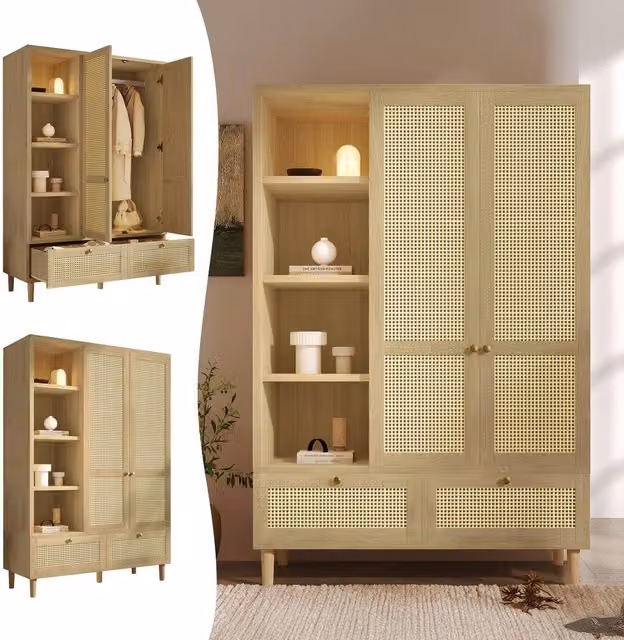 Merax Oak Rattan Effect Wardrobe with Soft-Close Hinged Doors, Open Shelves, Hanging Rail and Drawers in Natural Brown and Beige – 1