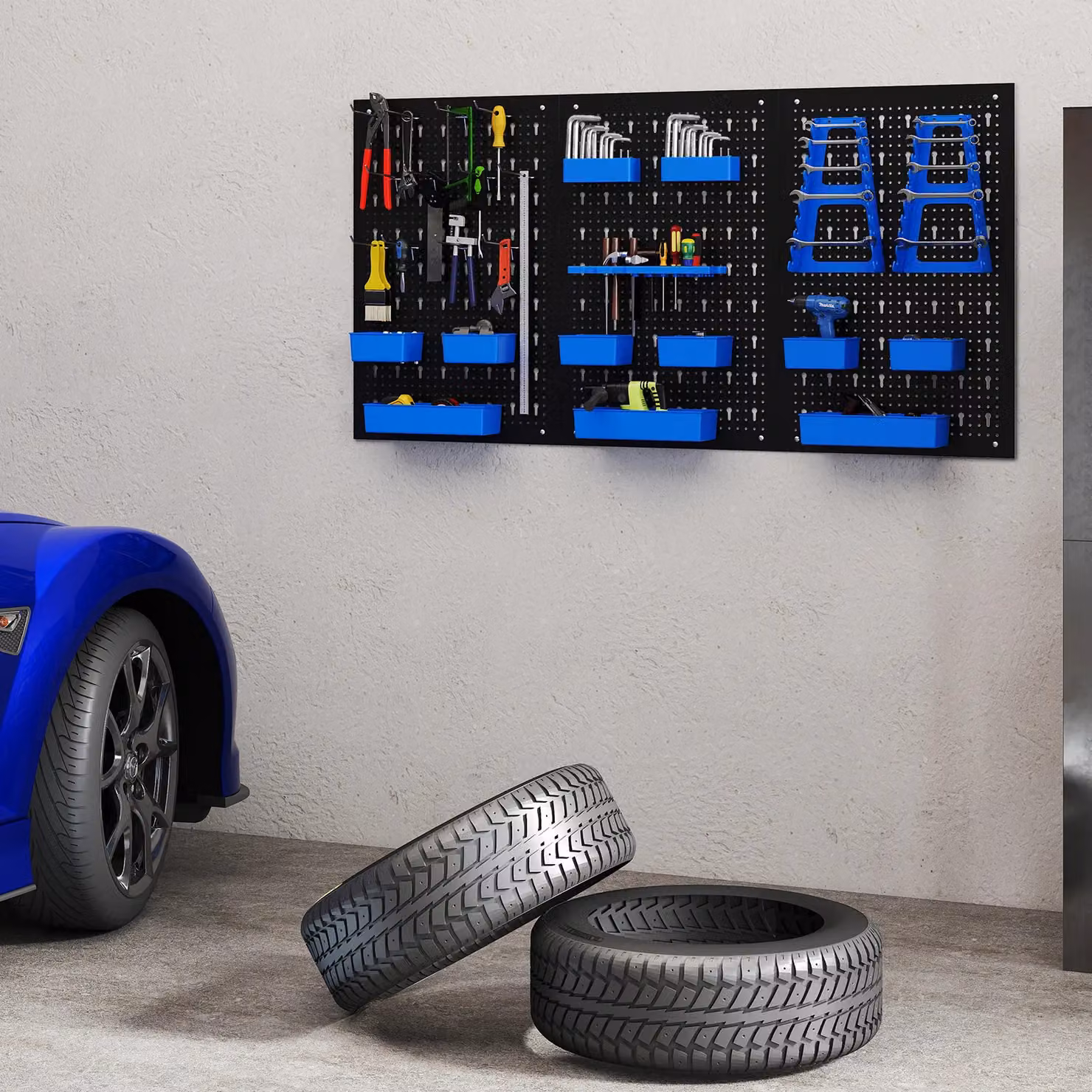 Costway Pegboard Wall Organizer with 9 Bins and Hammer Racks, Blue, W: 120 cm, H: 60 cm, D: 26 cm – 3