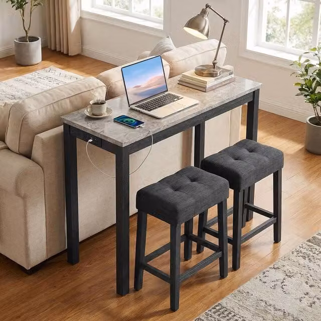 Costway Modern 3-Piece Bar Table Set with Charging Station and 2 Stools in Grey – 1