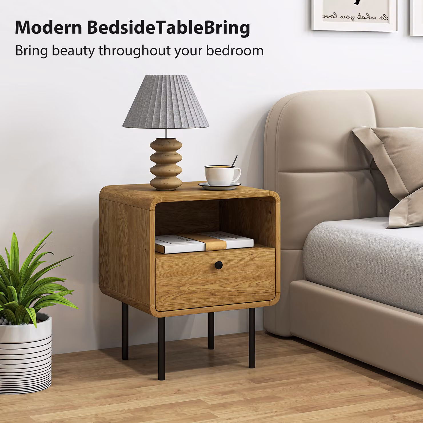HOMCOM Bedside Table with Drawer and Open Shelf in Oak and Black – 3