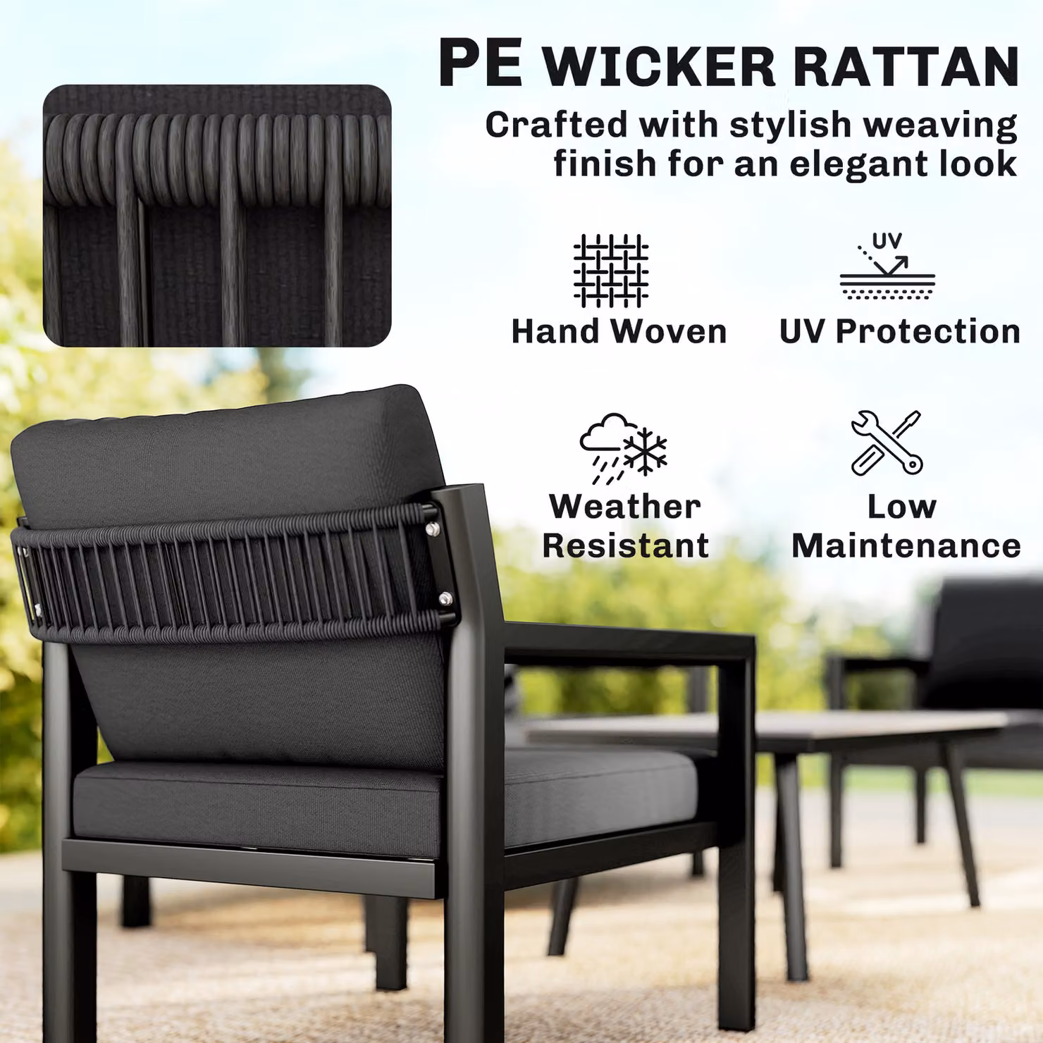 Outsunny 4 Seater Rattan Garden Furniture Set with 2 Armchairs, 2 Seater Sofa, and Coffee Table in Dark Grey – 5