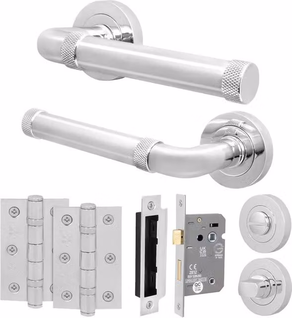 AFIT Polished Chrome Bathroom Door Handle Set with Lock and Hinges in Silver