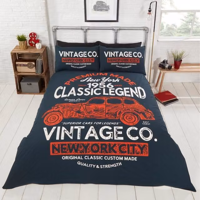 Rapport Home Classic Legend Polycotton Duvet Set and Pillowcase with Retro Graphic Vehicle Design in Multicolour and Blue