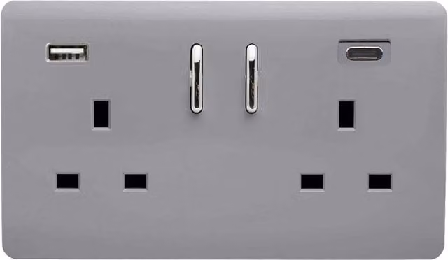 Trendi 2 Gang 13 Amp USB Switch Plug Socket with Type A and C Ports in Platinum Silver