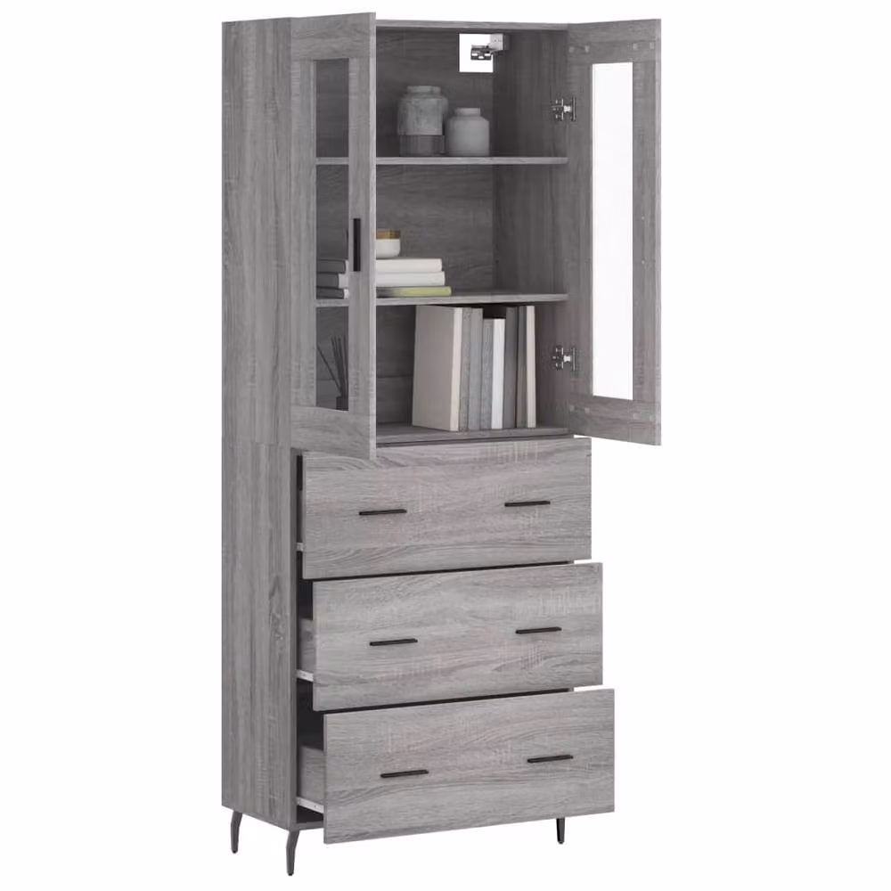Berkfield Home Grey Sonoma Highboard with Glass Doors and Drawers, H 180 x W 69.5 x D 34 cm – 3