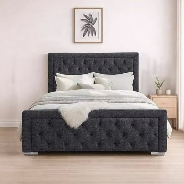 Bed Time UK Naples Upholstered Double Bed Frame with Chesterfield Floor Standing Headboard in Charcoal Grey