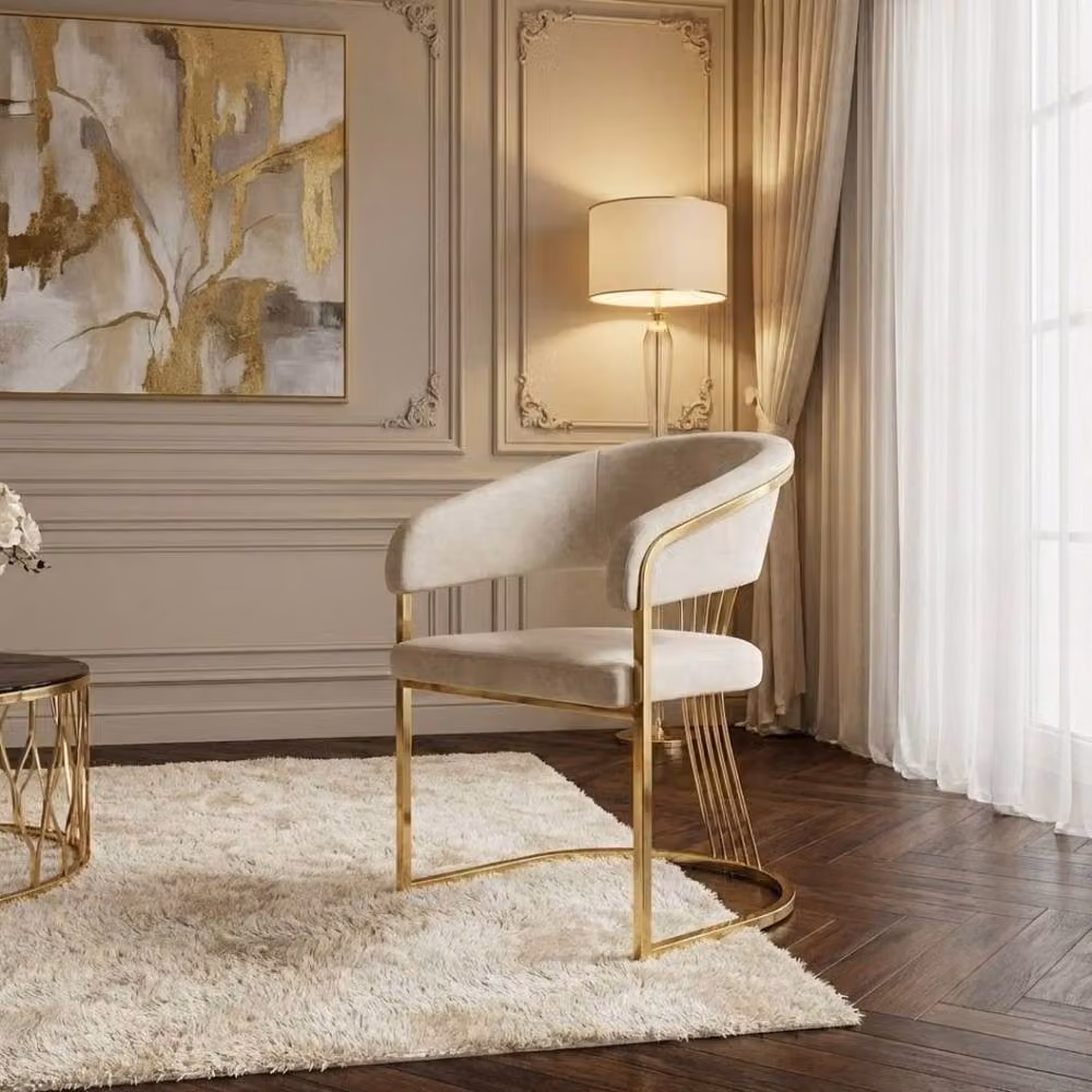 HOME LUXE INTERIOR Cream Porado Leatheraire Dining Chair with Gold Frame and Armrests in Beige – 3