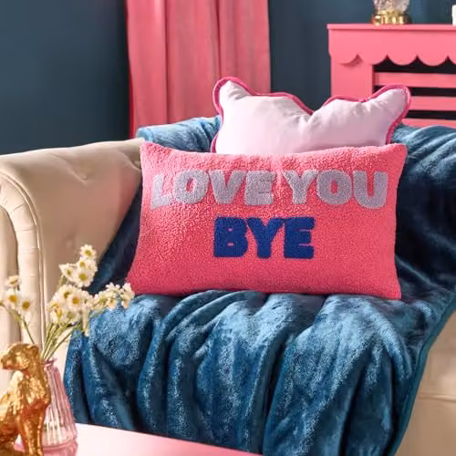 OHS Love You Bye Slogan Graphic Cushion in Pink and Blue – 2