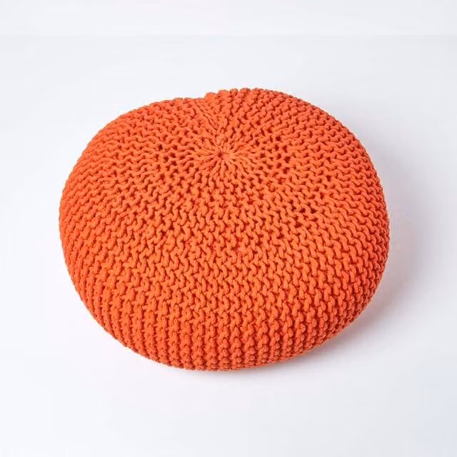 Homescapes Round Cotton Knitted Pouffe in Orange, Diameter: 70 cm