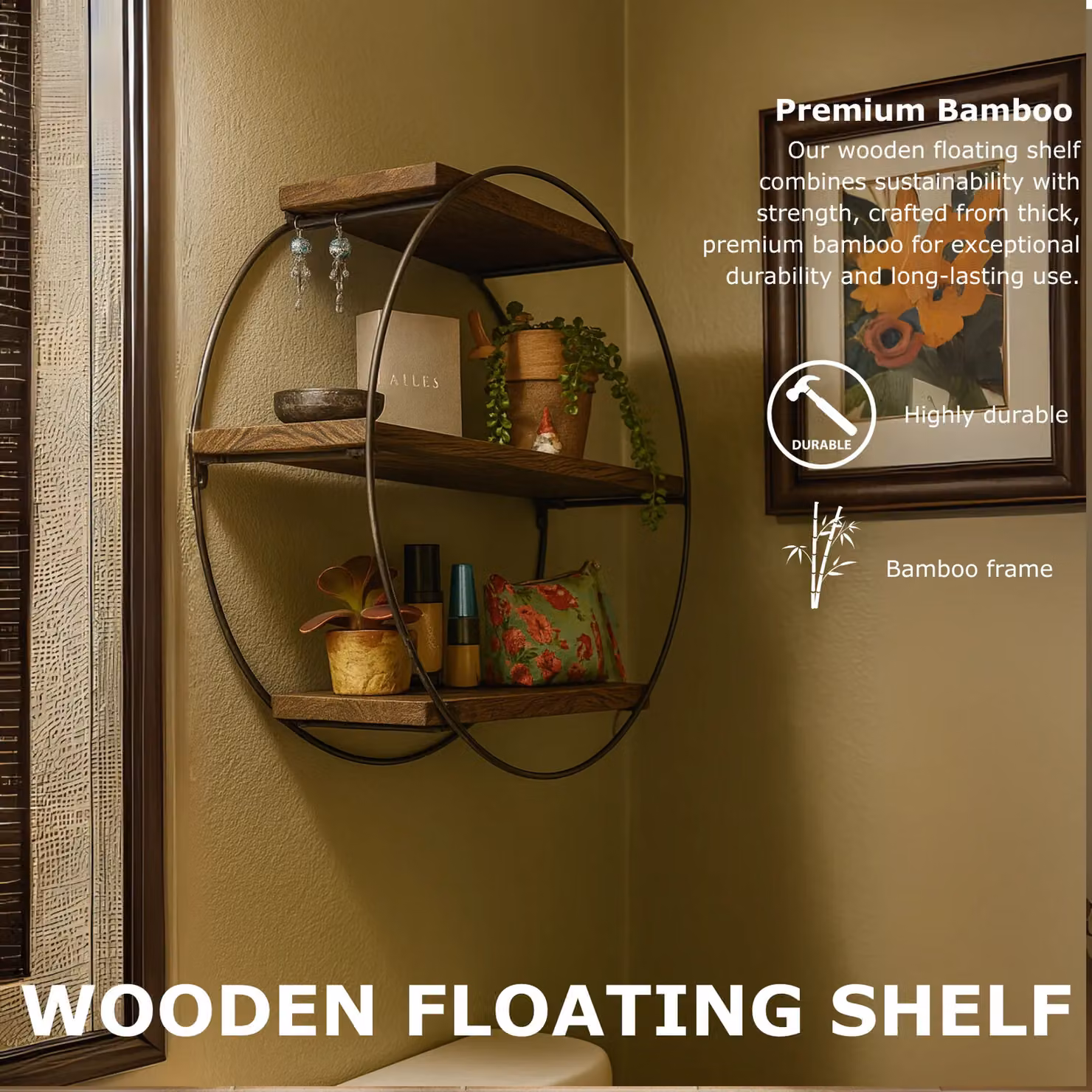 Rafaelo Mobilia Industrial 3 Tier Round Floating Wall Mounted Wooden Shelf in Brown and Black – 3