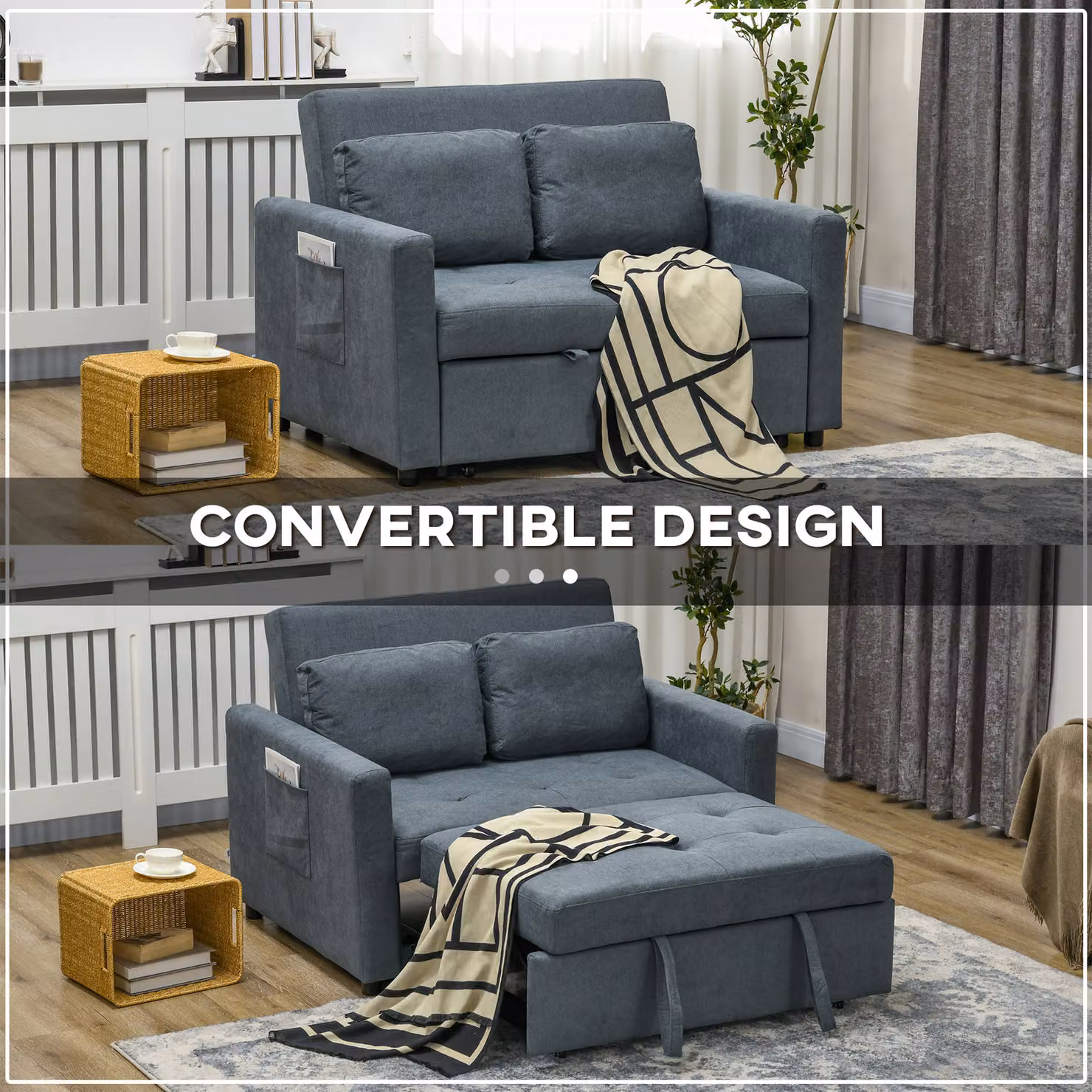 HOMCOM Convertible Loveseat Sofa Bed in Grey with Fabric Upholstery and Scatter Cushions – 4