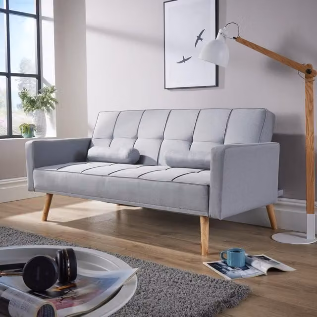 Home Source 3 Seater Folding Double Sofa Bed in Light Grey with 2 Scatter Cushions