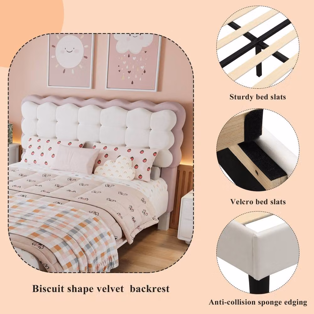 BTM Velvet Biscuit Bed for Kids in Beige and Pink, Double Size 140 x 200 cm – 3