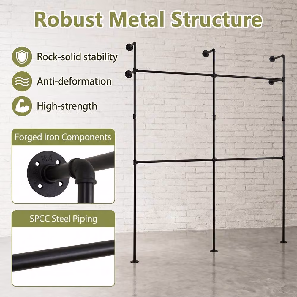 Gymax Wall Mounted Industrial Pipe Clothing Rack with 4 Metal Garment Hanging Rods in Matt Black, 227 cm – 6