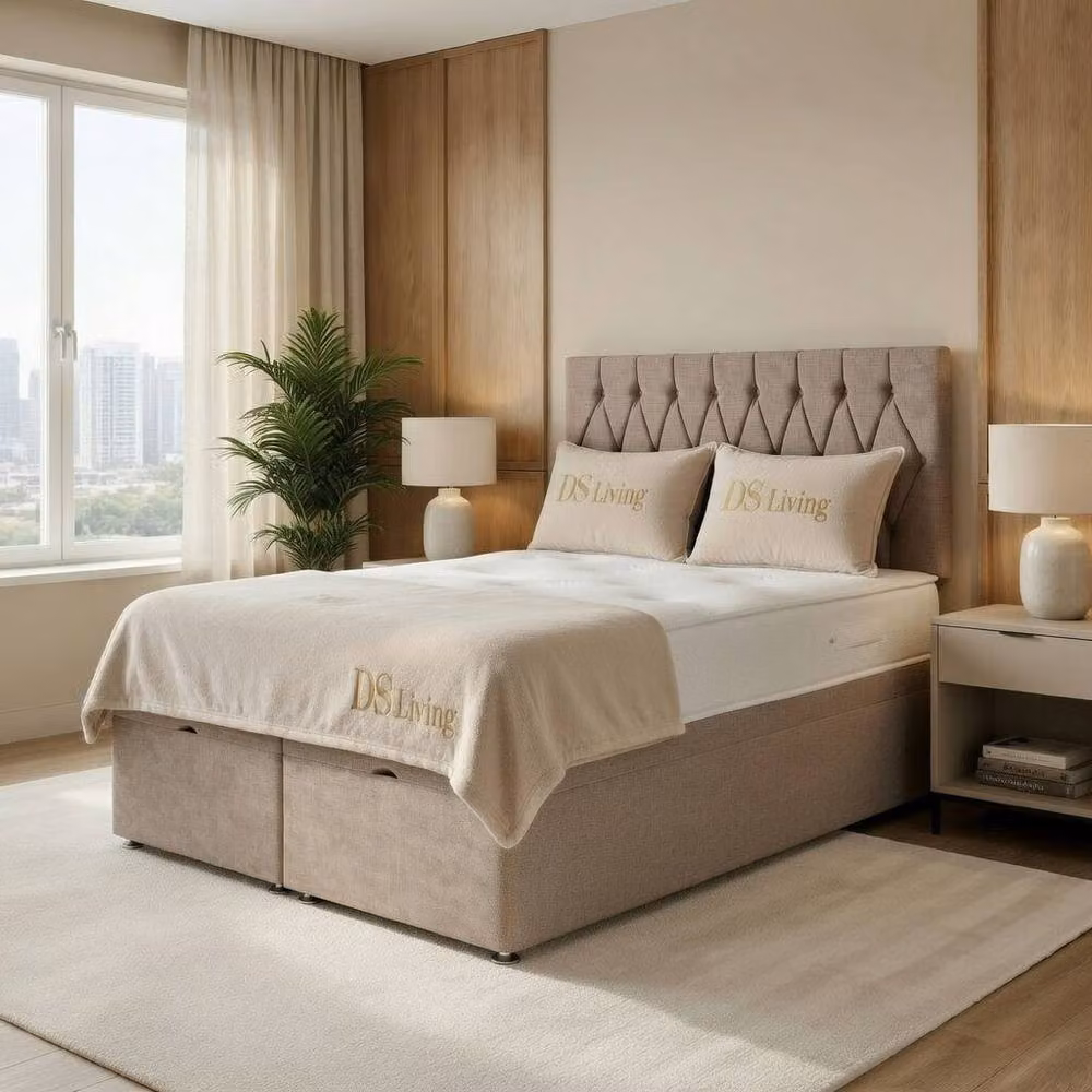 DS Living Diamond Beige Upholstered Fabric Divan Bed with Drawers, W/D/H: 200 x 200 cm – 2